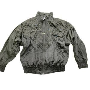 Clipper Bay Vintage Quilted Bomber Jacket Studded Nylon Black Size M Korea